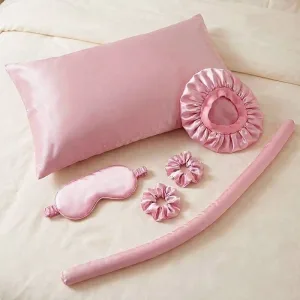 6pcs Hair Scrunchie Shower Cap Curler Wand Silky Pillowcase Eye Mask Sleep Set